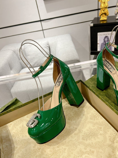 GG CRYSTALS PLATFORM PUMPS JADE GREEN CALFSKIN