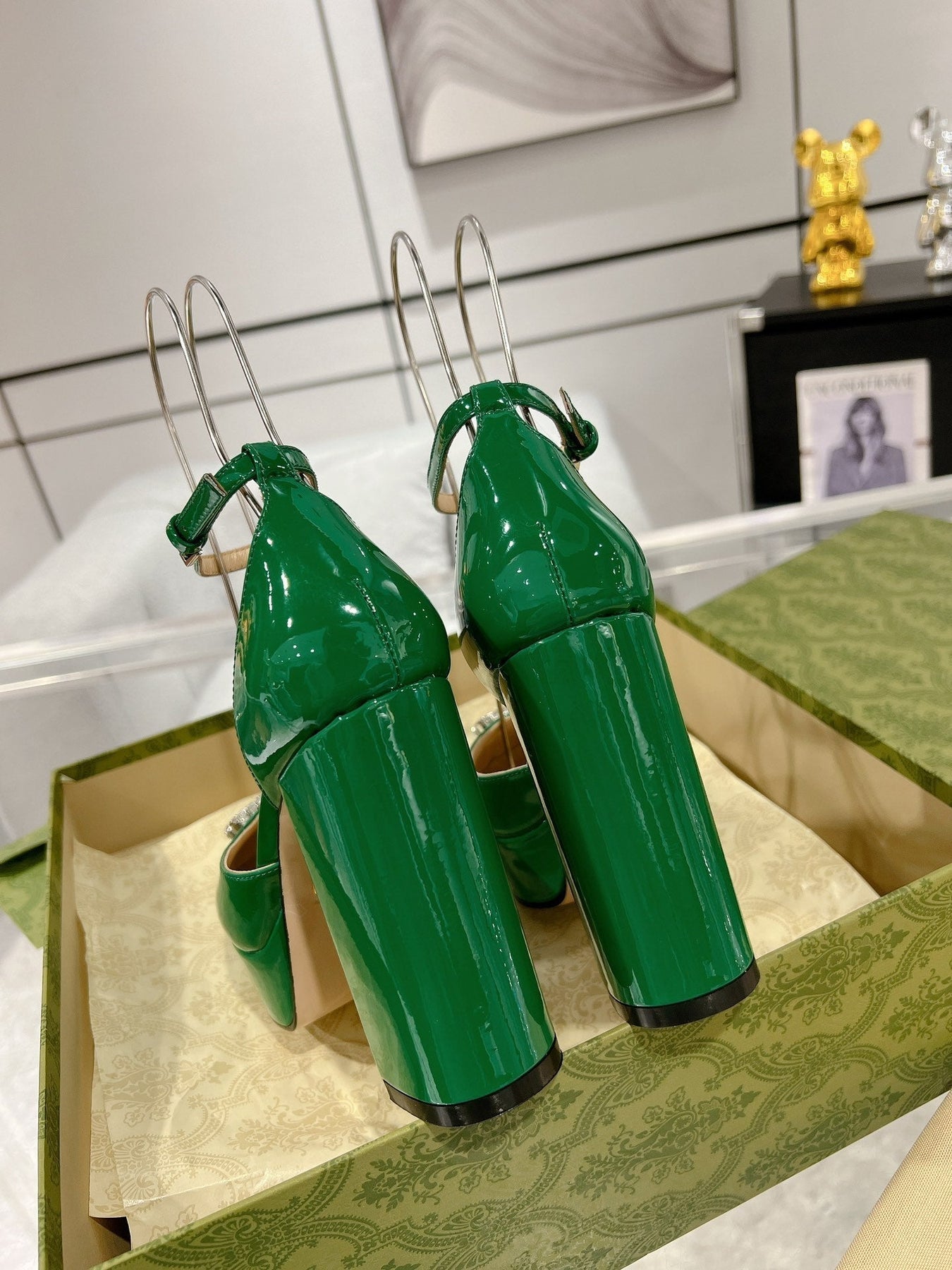 GG CRYSTALS PLATFORM PUMPS JADE GREEN CALFSKIN