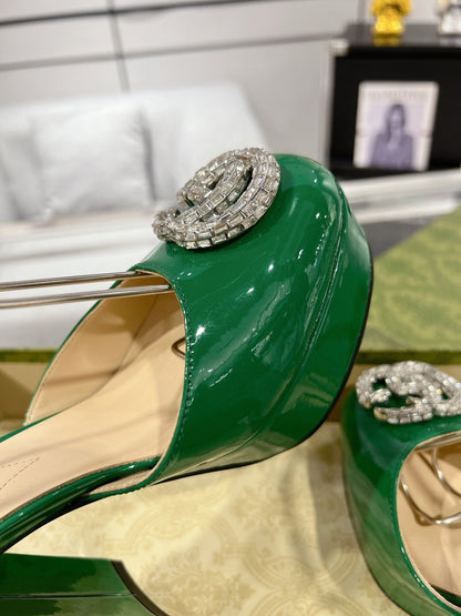 HIGH SANDAL SQUARE HEEL 12 CM IN DARK GREEN CALFSKIN