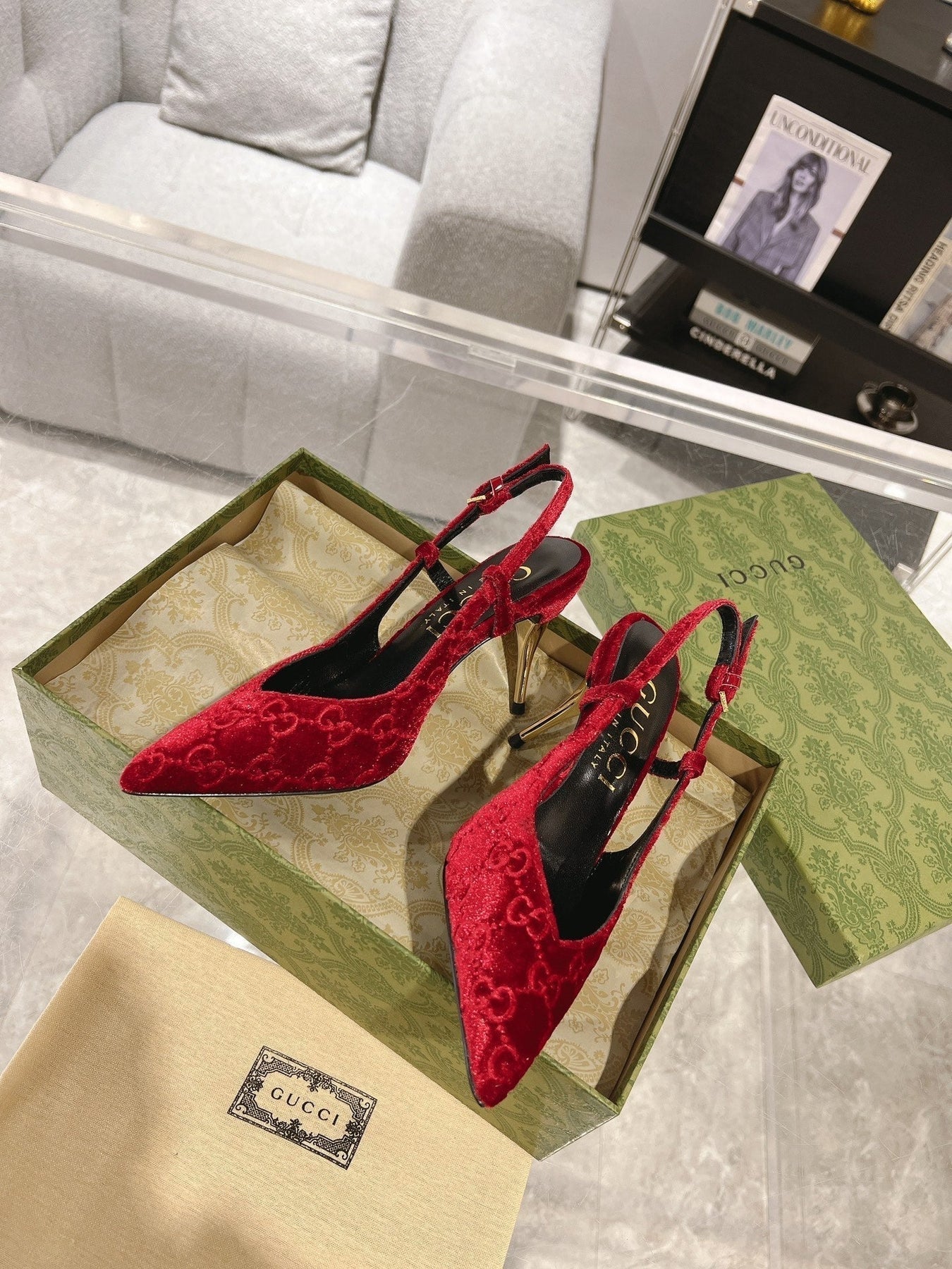 GG SLINGBACK HIGH HEEL PUMP CHERRY VELVET