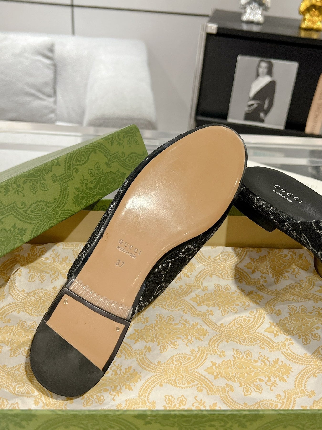 MEN'S MULE WITH HORSEBIT IN BLACK MONOGRAM JACQUARD FABRIC