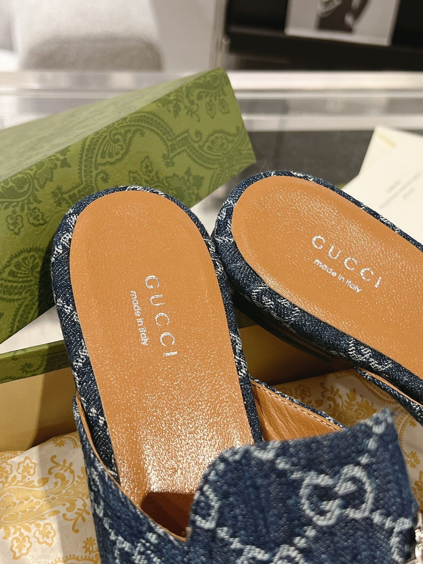 MEN'S MULE WITH HORSEBIT IN DENIM BLUE MONOGRAM JACQUARD FABRIC