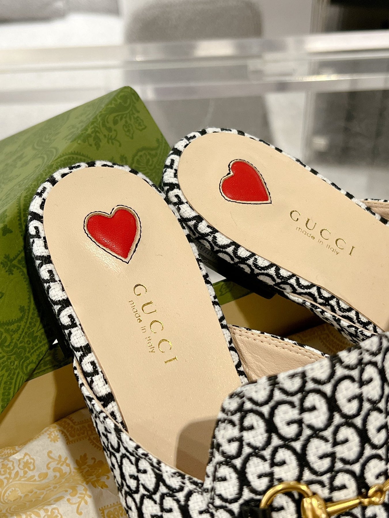 MEN'S MULE WITH HORSEBIT IN BLACK MIX WHITE MONOGRAM JACQUARD FABRIC