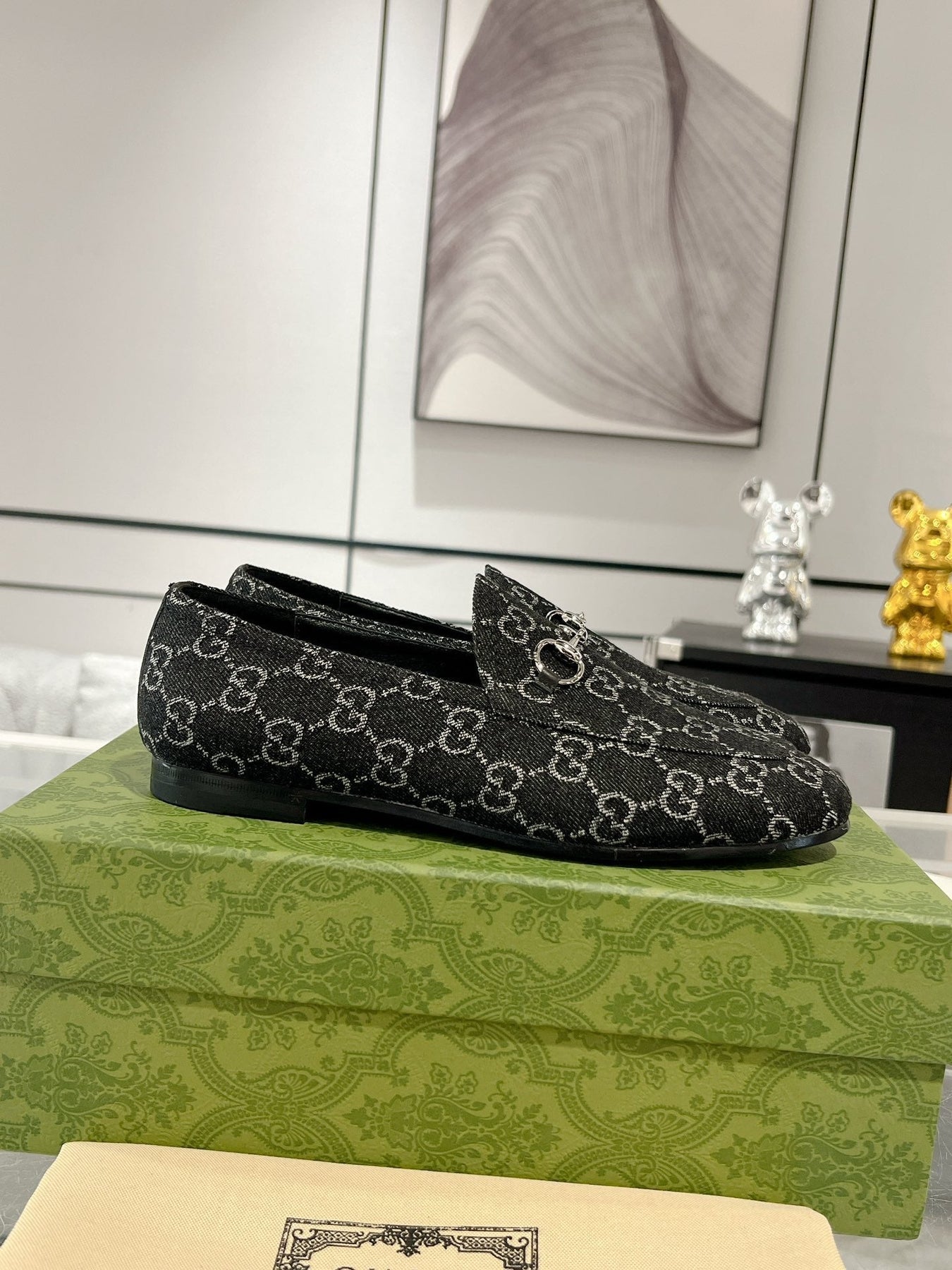 MEN'S LOAFER WITH HORSEBIT IN BLACK MONOGRAM JACQUARD FABRIC