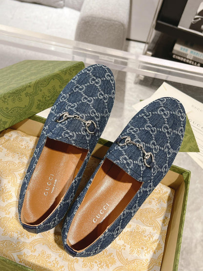 MEN'S LOAFER WITH HORSEBIT IN DENIM BLUE MONOGRAM JACQUARD FABRIC
