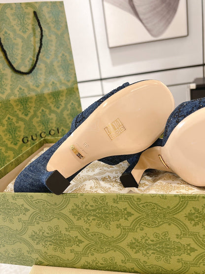 GG CRYSTALS HIGH SANDAL DENIM CANVAS