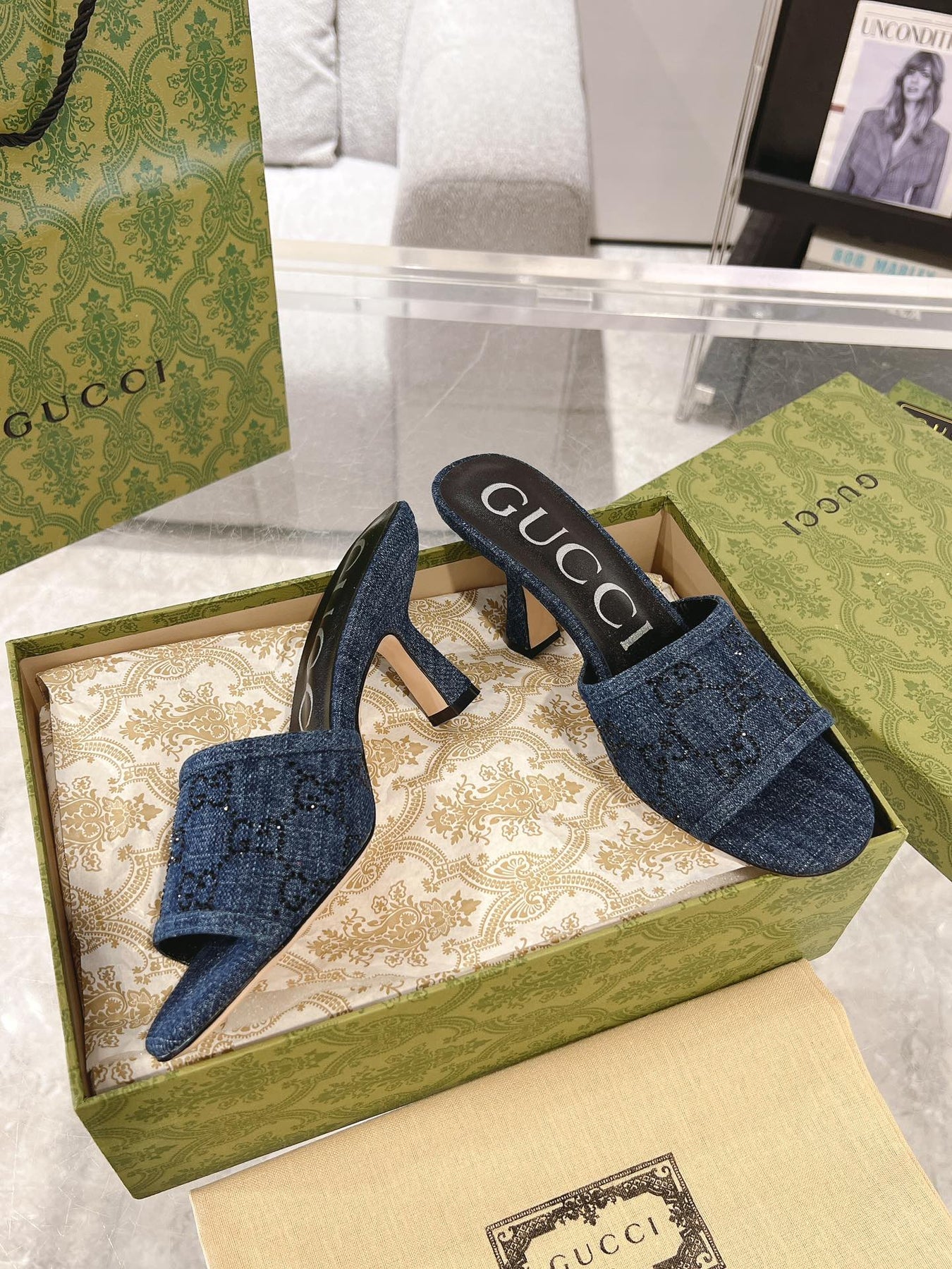 GG CRYSTALS HIGH SANDAL DENIM CANVAS