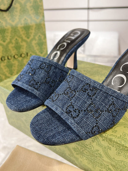 GG CRYSTALS HIGH SANDAL DENIM CANVAS