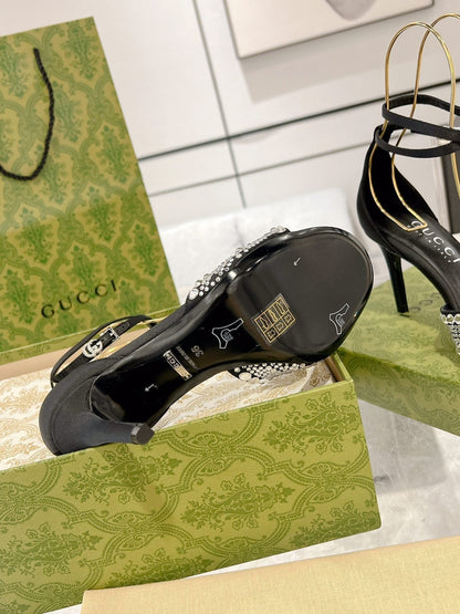 GG CRYSTAL BLACK HIGH HEEL SANDALS SATIN