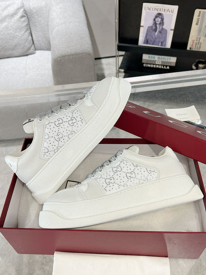 GG SCREENER SNEAKER WITH CRYSTALS IN IVORY BEIGE MIX RHINO GRAY CALFSKIN