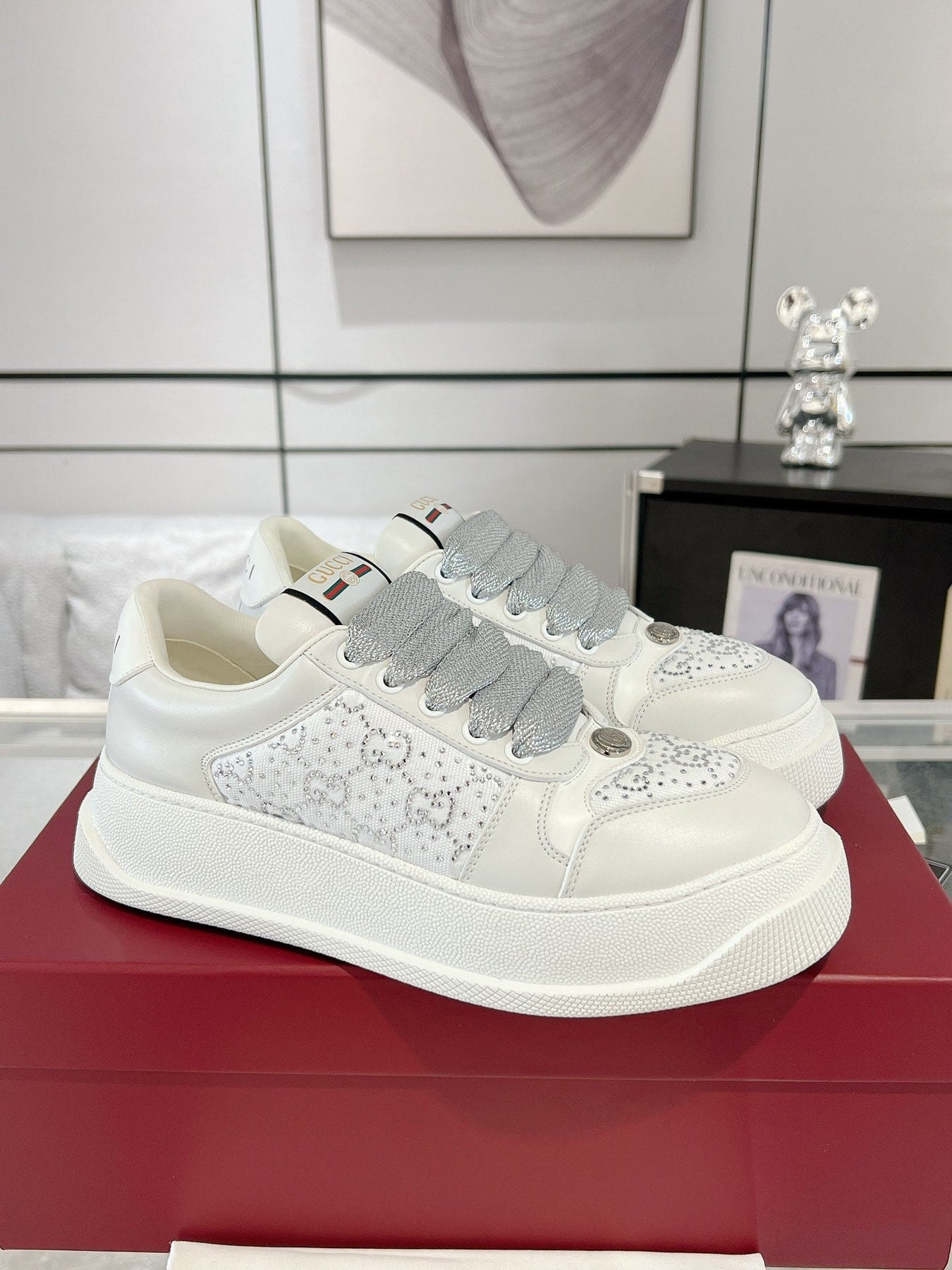 GG SCREENER SNEAKER WITH CRYSTALS IN IVORY BEIGE MIX RHINO GRAY CALFSKIN