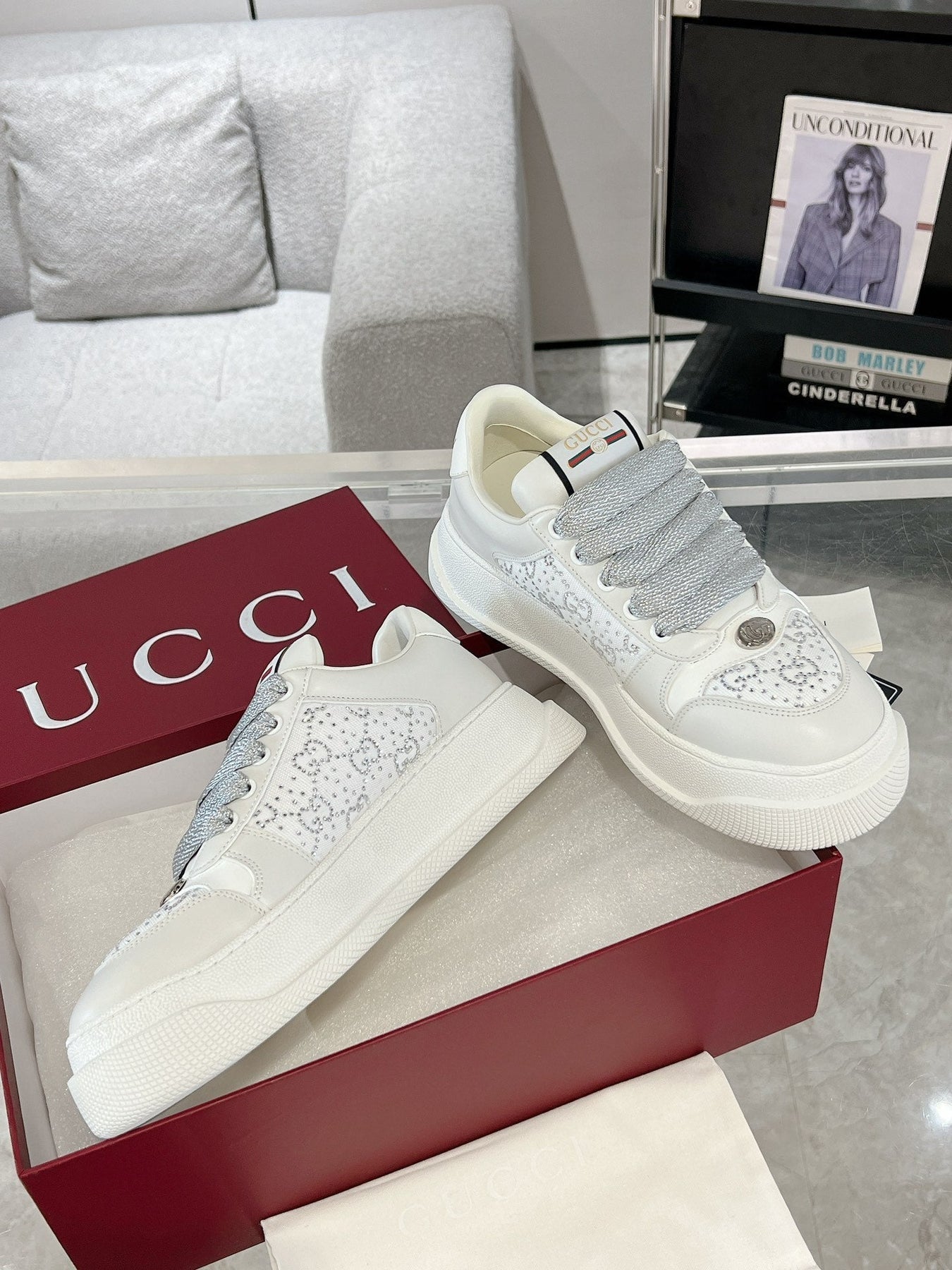 GG SCREENER SNEAKER WITH CRYSTALS IN IVORY BEIGE MIX RHINO GRAY CALFSKIN