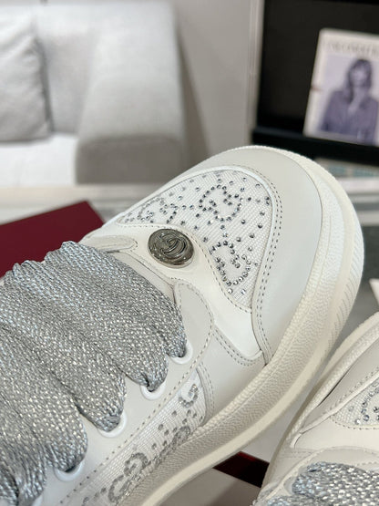 GG SCREENER SNEAKER WITH CRYSTALS IN IVORY BEIGE MIX RHINO GRAY CALFSKIN