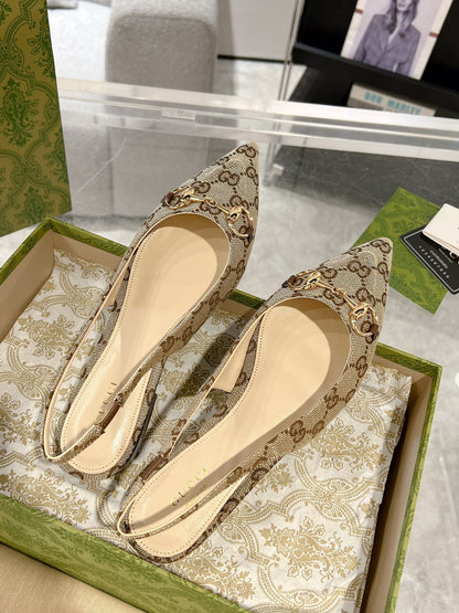 GG HORSEBIT SLINGBACK BALLET FLAT TAN BEIGE CANVAS