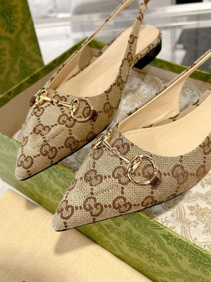 GG HORSEBIT SLINGBACK BALLET FLAT TAN BEIGE CANVAS