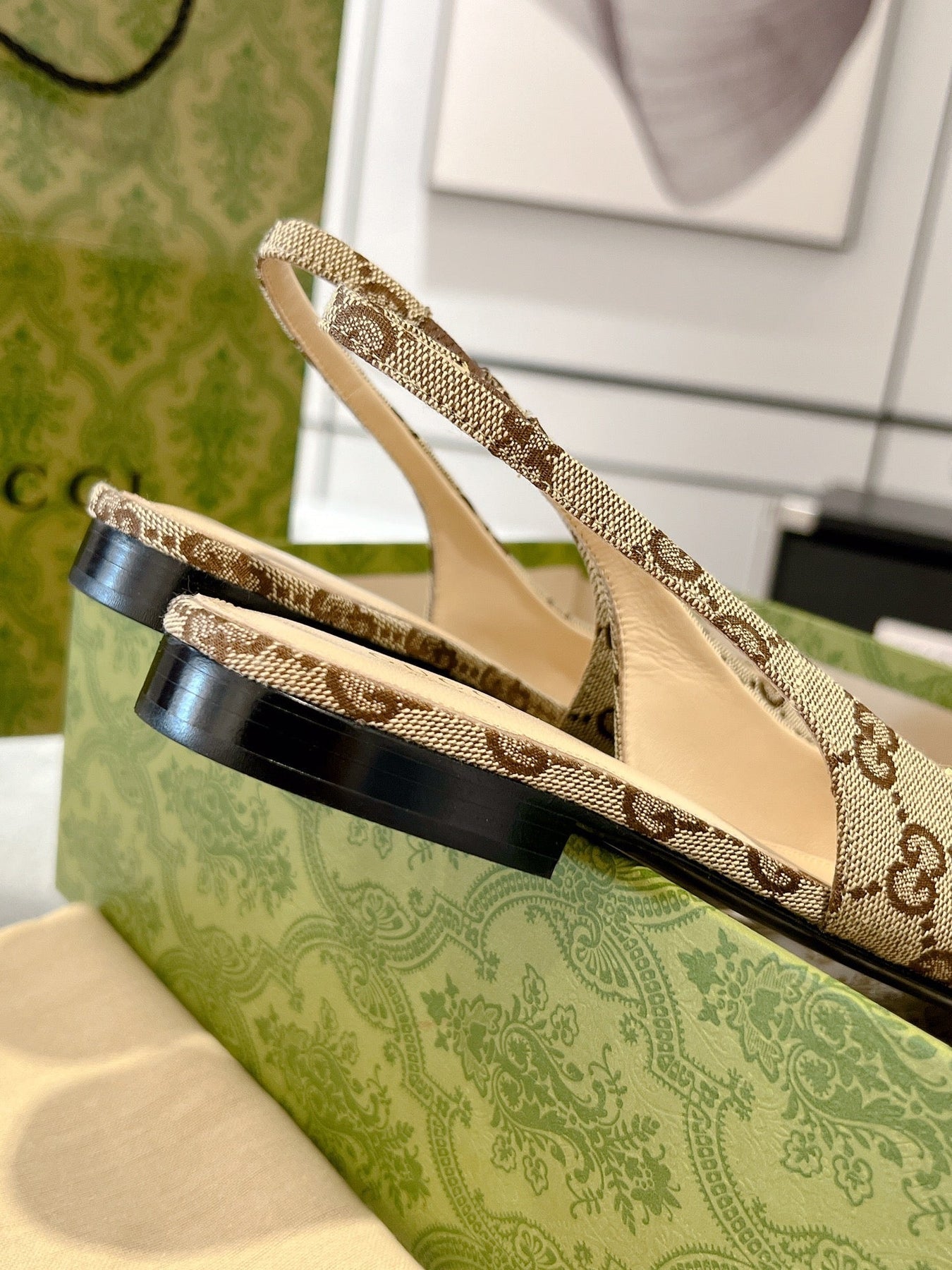 GG HORSEBIT SLINGBACK BALLET FLAT TAN BEIGE CANVAS