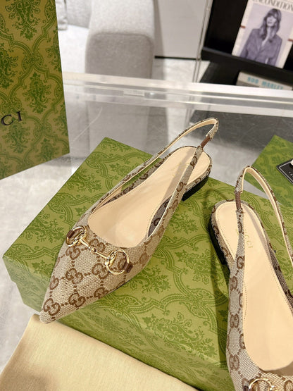 GG HORSEBIT SLINGBACK BALLET FLAT TAN BEIGE CANVAS