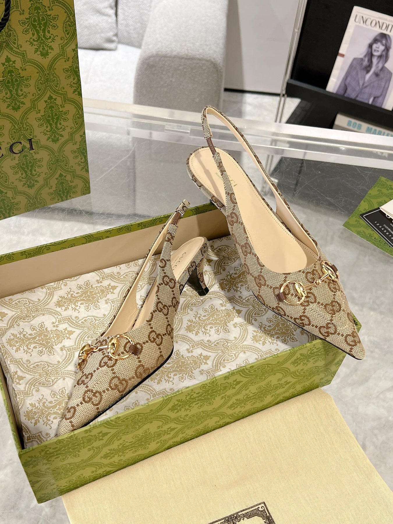 GG MID-HEELED SLINGBACK 4.5 CM IN TAN BEIGE CANVAS