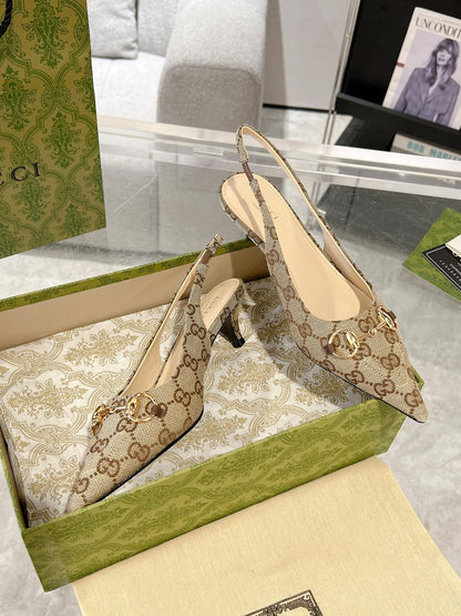 GG MID-HEELED SLINGBACK 4.5 CM IN TAN BEIGE CANVAS