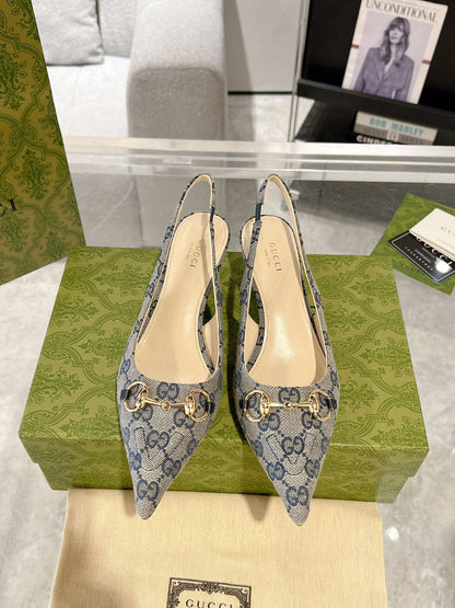 GG MID-HEELED SLINGBACK 4.5 CM IN PALE GRAY CANVAS