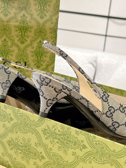 GG MID-HEELED SLINGBACK 4.5 CM IN PALE GRAY CANVAS