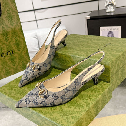 GG MID-HEELED SLINGBACK 4.5 CM IN PALE GRAY CANVAS