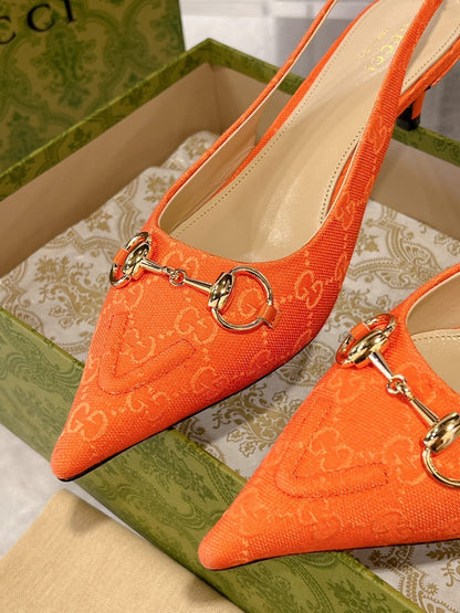 GG MID-HEELED SLINGBACK 4.5 CM IN ORANGE CANVAS