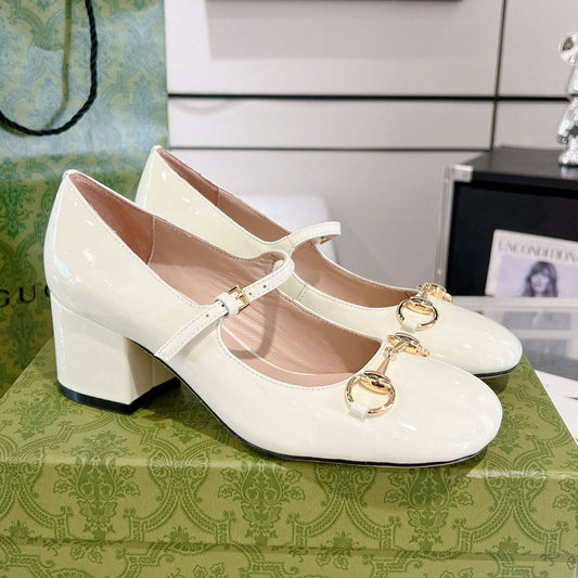 HORSEBIT MARY JANE HEEL IN WHITE CALFSKIN GOLD HARDWARE