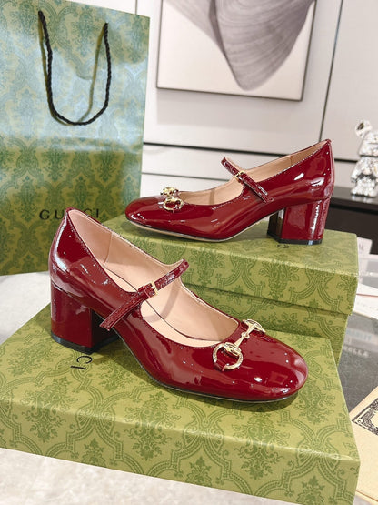 HORSEBIT MARY JANE HEEL IN CRIMSON RED CALFSKIN GOLD HARDWARE