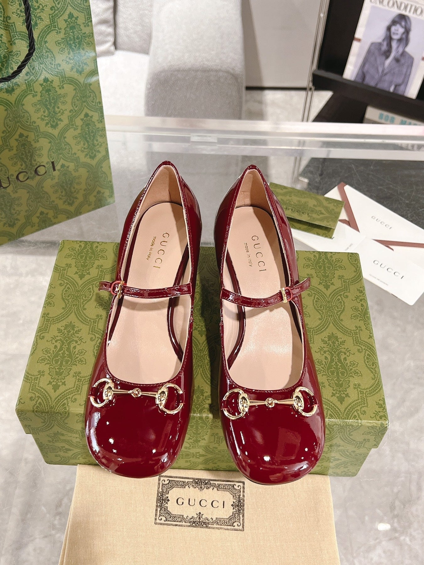 HORSEBIT MARY JANE HEEL IN CRIMSON RED CALFSKIN GOLD HARDWARE