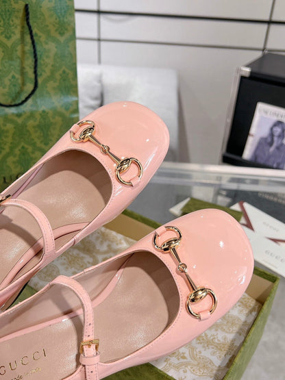 HORSEBIT MARY JANE HEEL IN LIGHT PINK CALFSKIN GOLD HARDWARE