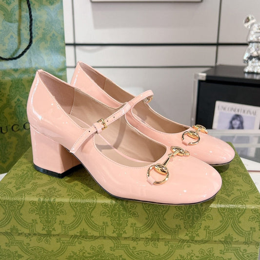 HORSEBIT MARY JANE HEEL IN LIGHT PINK CALFSKIN GOLD HARDWARE