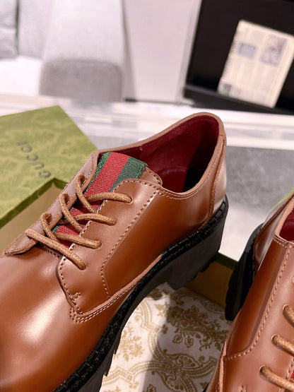 GG LACE-UP LOAFER WITH WEB IN CARAMEL BROWN SHINY LEATHER