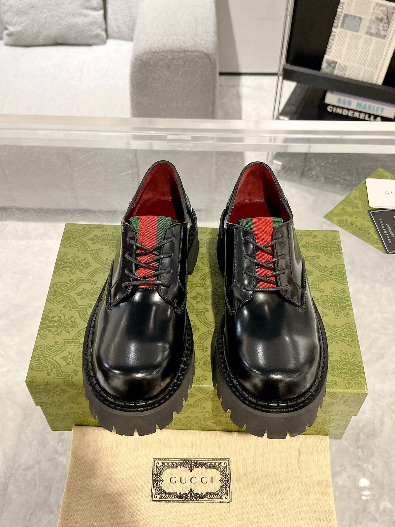 GG LACE-UP LOAFER WITH WEB IN BLACK SHINY LEATHER