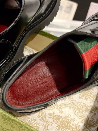 GG LACE-UP LOAFER WITH WEB IN BLACK SHINY LEATHER