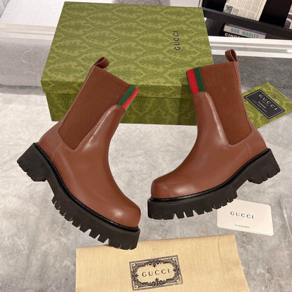 GG ANKLE BOOTS WITH WEB IN CINNAMON BROWN CALFSKIN AND FABRIC