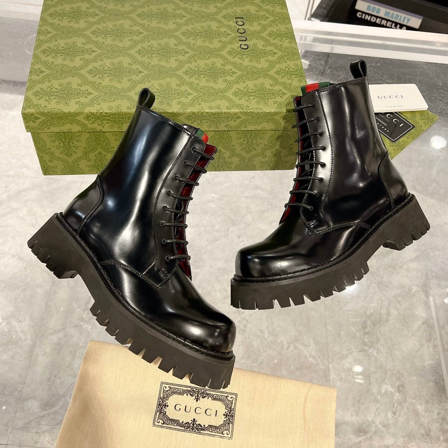 GG WEB ANKLE BOOTS IN BLACK CALFSKIN