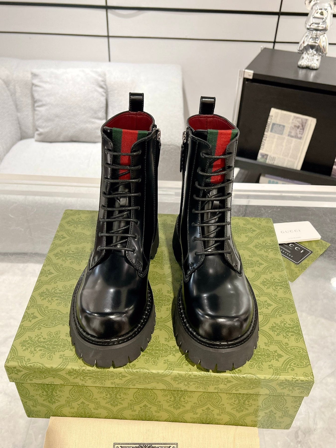 GG WEB ANKLE BOOTS IN BLACK CALFSKIN