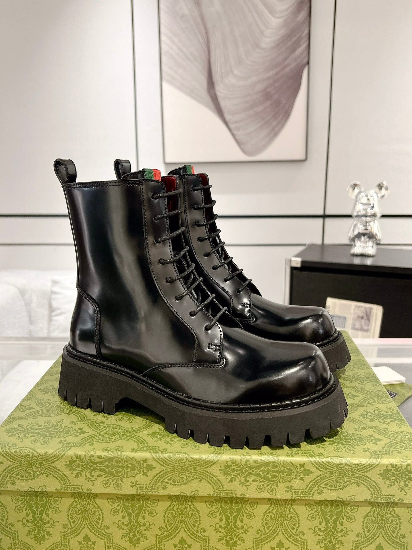 GG WEB ANKLE BOOTS IN BLACK CALFSKIN