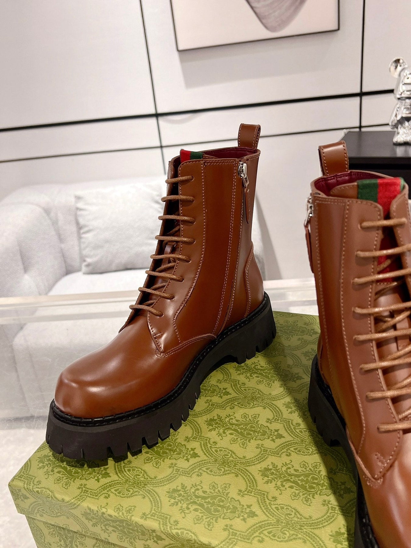 GG WEB ANKLE BOOTS IN CINNAMON BROWN CALFSKIN