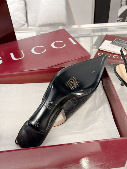 GG MID-HIGH SLINGBACK 4.5 CM IN BLACK GLOSSY EMBOSSED SUEDE AND SHEEPSKIN LINING