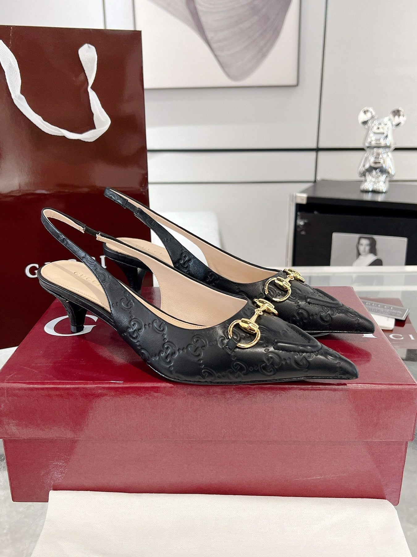 GG MID-HIGH SLINGBACK 4.5 CM IN BLACK GLOSSY EMBOSSED SUEDE AND SHEEPSKIN LINING