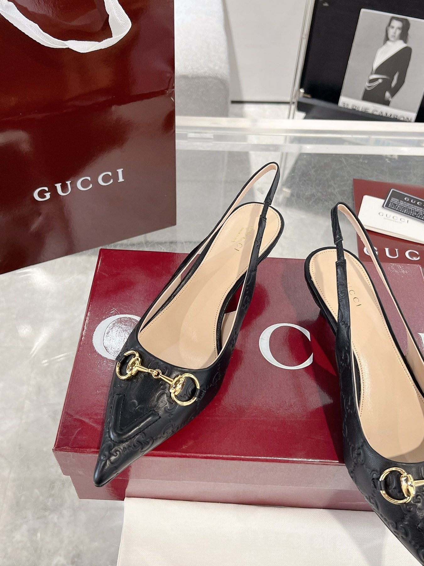 GG MID-HIGH SLINGBACK 4.5 CM IN BLACK GLOSSY EMBOSSED SUEDE AND SHEEPSKIN LINING