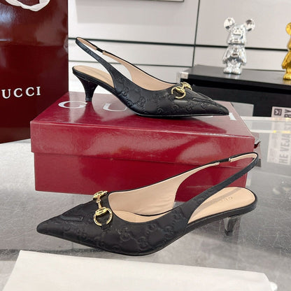 GG MID-HIGH SLINGBACK 4.5 CM IN BLACK GLOSSY EMBOSSED SUEDE AND SHEEPSKIN LINING