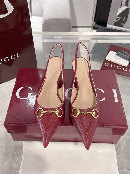 GG MID-HIGH SLINGBACK 4.5 CM IN WINE RED GLOSSY EMBOSSED SUEDE AND SHEEPSKIN LINING