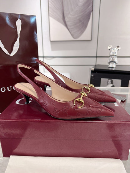 GG MID-HIGH SLINGBACK 4.5 CM IN WINE RED GLOSSY EMBOSSED SUEDE AND SHEEPSKIN LINING