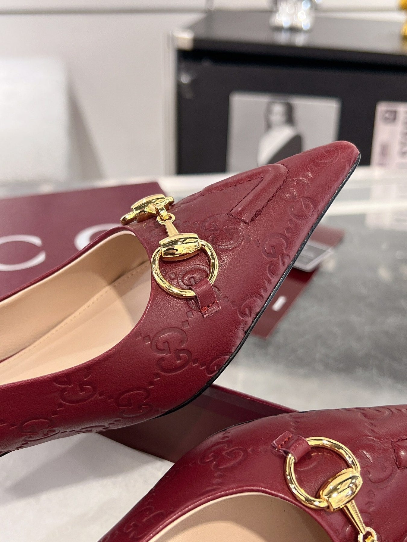 GG MID-HIGH SLINGBACK 4.5 CM IN WINE RED GLOSSY EMBOSSED SUEDE AND SHEEPSKIN LINING