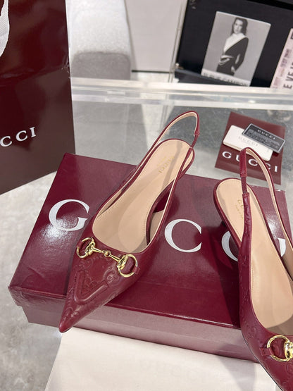 GG MID-HIGH SLINGBACK 4.5 CM IN WINE RED GLOSSY EMBOSSED SUEDE AND SHEEPSKIN LINING