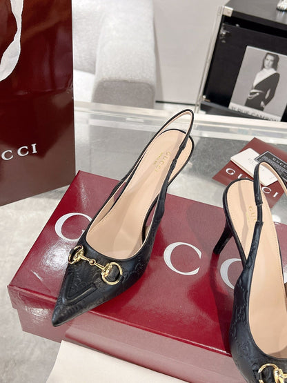 GG HIGH SLINGBACK 10.5 CM IN BLACK GLOSSY EMBOSSED SUEDE AND SHEEPSKIN LINING