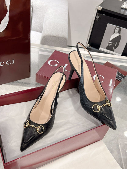 GG HIGH SLINGBACK 10.5 CM IN BLACK GLOSSY EMBOSSED SUEDE AND SHEEPSKIN LINING